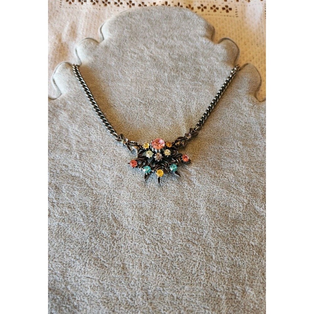 Vintage Coro Pastel AB Rhinestone Antiqued Silver Tone Collar Bib Necklace 16"